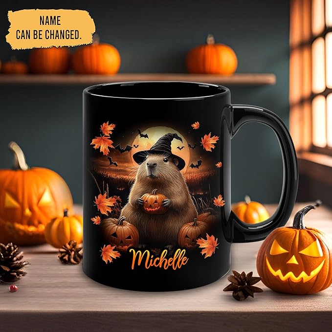Hyturtle Personalized Halloween Capybara Mug - Capybara Gift For Women Lover - Wild Animal Lover Gift For Her - Spooky Season Decor For Fall Season Halloween - Coffee Name Cup Ceramic Mug 11 oz 15 oz