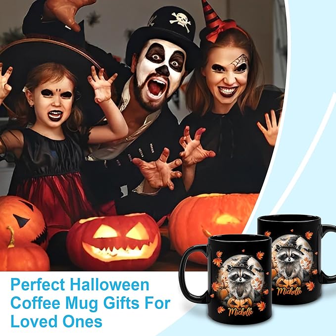 Hyturtle Personalized Halloween Raccoon Mug - Raccoon Gift For Women Lover - Wild Animal Lover Gift For Her - Spooky Season Decor For Fall Season Halloween - Coffee Name Cup Ceramic Mug 11 oz 15 oz