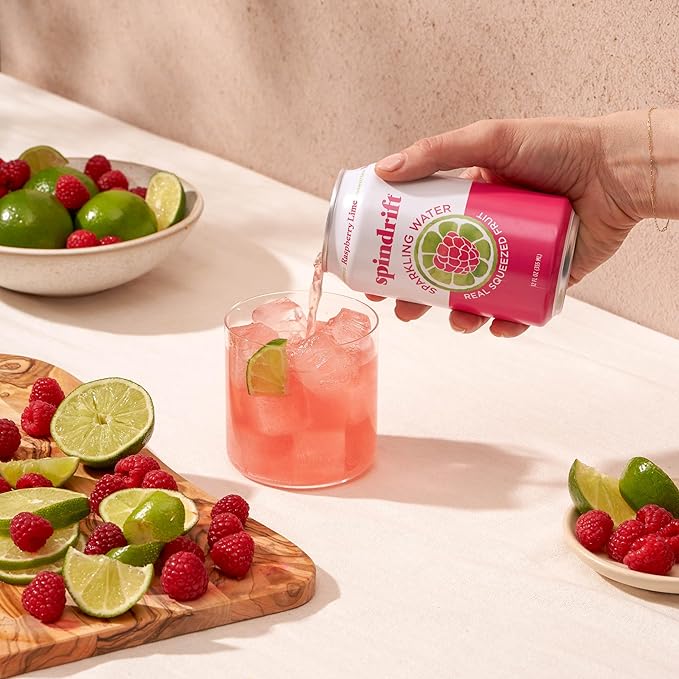 Spindrift Sparkling Water, Raspberry Lime Flavored, Made with Real Squeezed Fruit, Only 9 Calories per Can, 12 Fl Oz Cans, Pack of 24