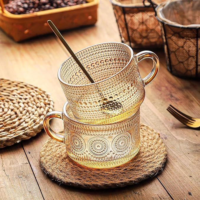 WHJY Vintage Glass Coffee Mugs with Spoon, Set of 2 espresso ribbed glass coffee cup，Embossed Tea Cups, Esthetic Tea Cups for Cappuccino, Latte, Hot Beverages, 14 oz
