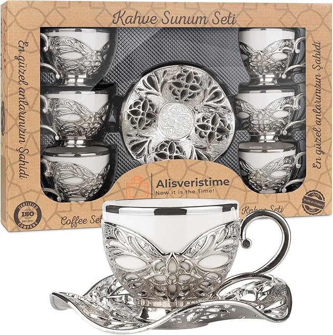 Alisveristime Turkish Coffee Set for Six, 6 White Porcelain Cups with Gilded, Zamac Holders and Saucers, Two Color Variations: Gold and Silver (Gilded-Design) (Silver)