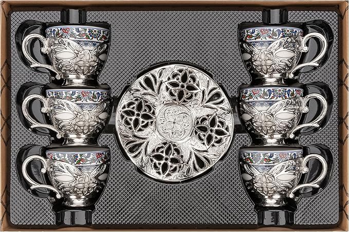Alisveristime Turkish Coffee Set for Six, 6 Topkapi Design Porcelain Cups with Zamac Holders and Saucers, Two Color Variations: Gold and Silver (Topkapi-Design) (Silver)