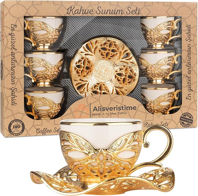 Alisveristime Turkish Coffee Set for Six, 6 White Porcelain Cups with Gilded, Zamac Holders and Saucers, Two Color Variations: Gold and Silver (Gilded-Design) (Gold)