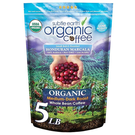 5LB Subtle Earth Organic Coffee - Medium Dark Roast - Whole Bean Coffee - 100% Arabica Beans - Low Acidity and Non-GMO - 5lb bag