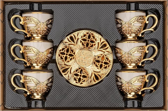 Alisveristime Turkish Coffee Set for Six, 6 White Porcelain Cups with Gilded, Zamac Holders and Saucers, Two Color Variations: Gold and Silver (Gilded-Design) (Gold)