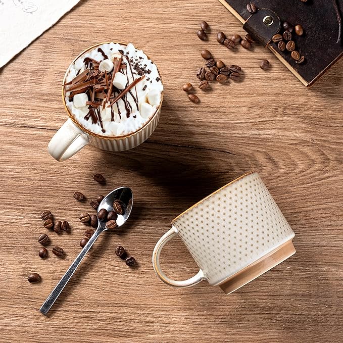 GBHOME 12OZ Stackable Coffee Mugs with Stand, Ceramic Coffee Mugs with Texture Patterns for Man,Woman,Dad,Mom, Modern Coffee Cups Set of 4 for Latte/Cappuccino/Cocoa. Dishwasher&Microwave Safe