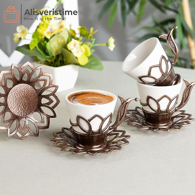 Alisveristime (Set of 6 Turkish Coffee Set with Porcelain Cups, Zamac Holders & Saucers – 80ml Capacity, Ottoman Motif, 4 Color Options (Brown)