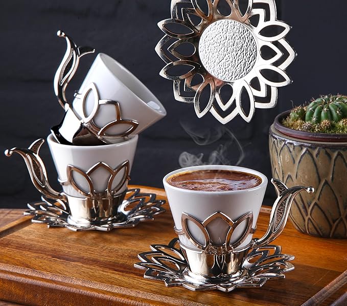 Alisveristime (Set of 6 Turkish Coffee Set with Porcelain Cups, Zamac Holders & Saucers – 80ml Capacity, Ottoman Motif, 4 Color Options (Silver)