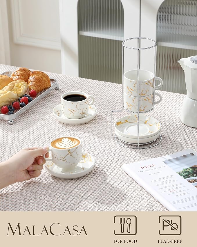 MALACASA 4 OZ Porcelain Espresso Cups with Saucers and Metal Stand Set of 4, Stackable Cappuccino Cups, Marble White Expresso Shots Cup Set for Coffee Drinks, Latte, Tea