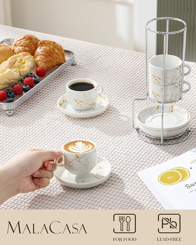 MALACASA 2.5 OZ Porcelain Espresso Cups with Saucers and Metal Stand Set of 4, Stackable Cappuccino Cups, Marble White Expresso Shots Cup Set for Coffee Drinks, Latte, Tea