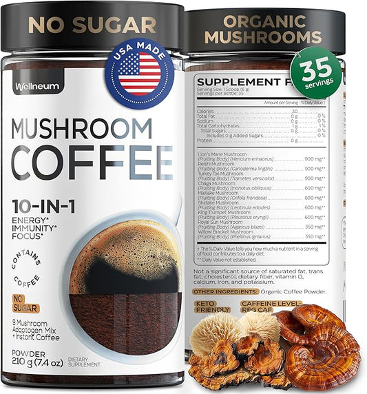 Mushroom Coffee - 10-in-1 Mushroom Superfood Adaptogen Mix - Lion's Mane, Chaga, Turkey Tail, Reishi, Organic Arabica Instant Coffee - for Gut Health, Immunity, Energy - Sugar Free - 7,4 oz (35 Serv)