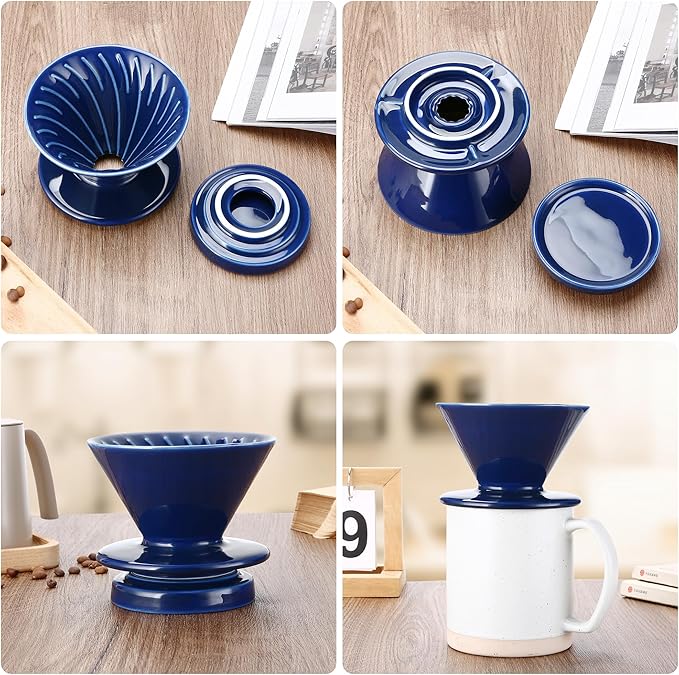 Pour Over Coffee Maker, Ceramic Coffee dripper with 100 pcs V60 Paper Filter, Ceramic coffee Server with Lid, 15.5oz/450 ml, Suitable for 1-2 people (Blue)