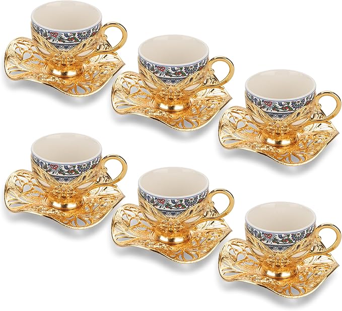 Alisveristime Turkish Coffee Set for Six, 6 Topkapi Design Porcelain Cups with Zamac Holders and Saucers, Two Color Variations: Gold and Silver (Topkapi-Design) (Gold)