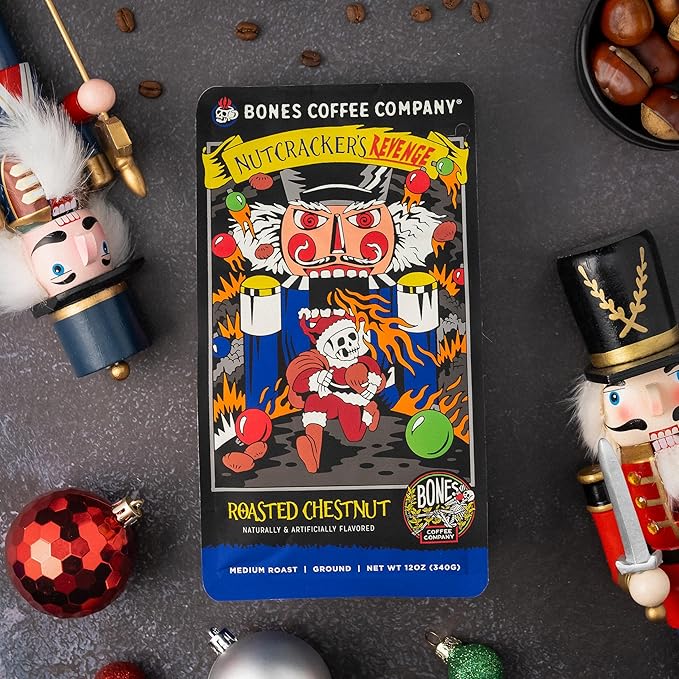 Bones Coffee Company Nutcracker's Revenge, Roasted Chestnut Flavored Coffee, Medium Roast Low Acid Arabica Beans Compatible with Auto drip and French Press Coffee Maker, 12 Oz Ground