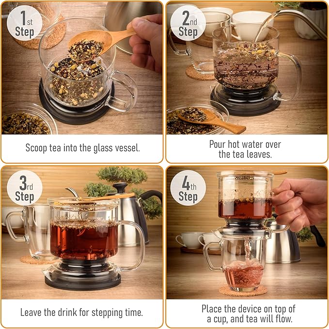 Glass Tea Infuser – Loose Leaf Brewer Cup with Lid – Premium Glass Steeper for Loose Leaf with Coaster | Easy Brew & Clean, BPA-Free, Innovation Smart Tea Maker for Daily Brewing | 17oz