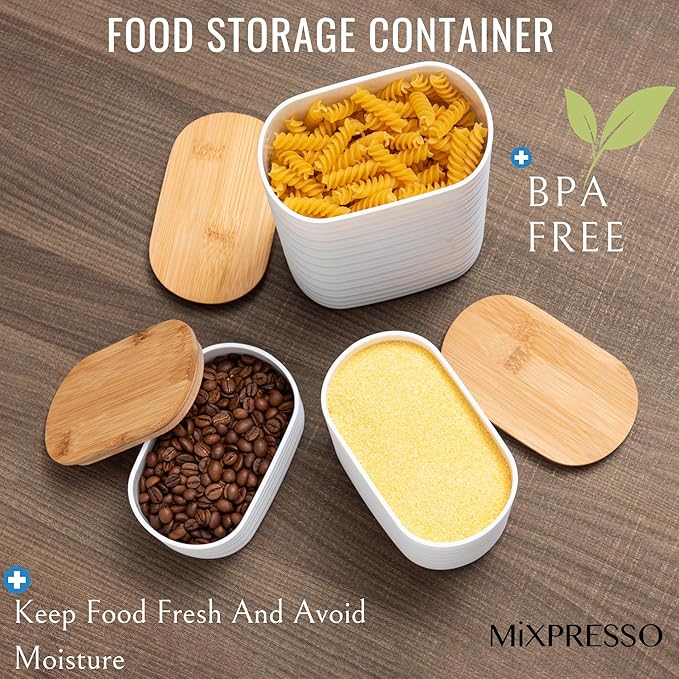 Mixpresso White Canisters Sets for the Kitchen – 3-Piece Airtight Plastic Sugar Container Set with Bamboo Lids in Three Different Sizes – Decorative Modern Storage Jars for Coffee, Tea & Countertops