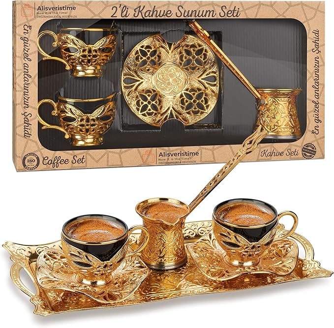 Alisveristime Turkish Coffee Set for Two, 2 Black Gilded Porcelain Cups with Zamac Holders and Saucers, Metal Tray, Lale Motif Zamac Coffee Pot (Black Gilded) (Gold)