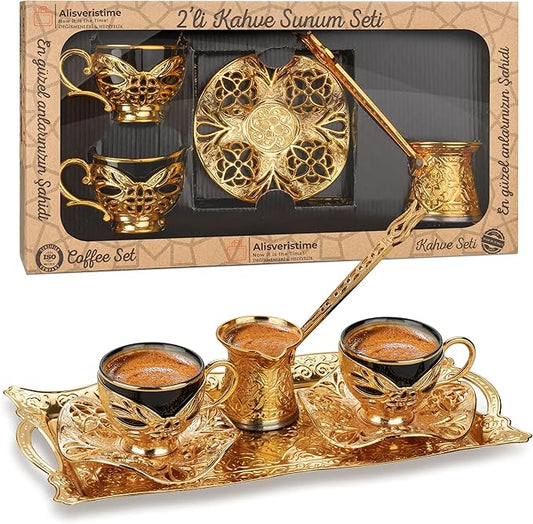 Alisveristime Turkish Coffee Set for Two, 2 Black Gilded Porcelain Cups with Zamac Holders and Saucers, Metal Tray, Lale Motif Zamac Coffee Pot (Black Gilded) (Gold)