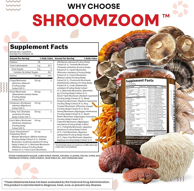 15in1 Mushroom Gummies with Lion's Mane Turkey Tail Cordyceps Reishi Chaga Sweet Toot Maitake Meshima Poria Cocos Shiitake Tremella, Oyster Agaricus Mushrooms for Men and Women Supplement - 2Pack