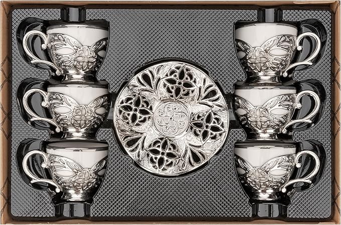 Alisveristime Turkish Coffee Set for Six, 6 White Porcelain Cups with Gilded, Zamac Holders and Saucers, Two Color Variations: Gold and Silver (Gilded-Design) (Silver)