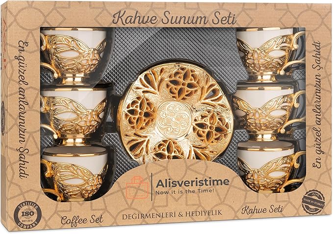 Alisveristime Turkish Coffee Set for Six, 6 White Porcelain Cups with Gilded, Zamac Holders and Saucers, Two Color Variations: Gold and Silver (Gilded-Design) (Gold)