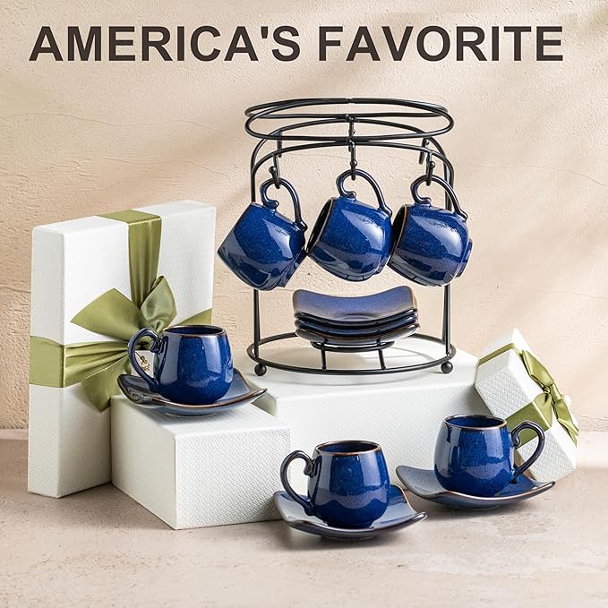 LYEOBOH 3oz Espresso Cups with Saucers, Small Coffee Cups Set of 6 with Spoons and Metal Stand, Ceramic Cute Demitasse Cups for Housewarming Wedding Gift, Cobalt Blue