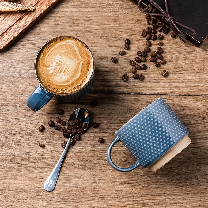 GBHOME 15OZ Stackable Coffee Mugs, Ceramic Coffee Cups with Texture Patterns for Man,Woman,Dad,Mom, Modern Coffee Mugs Set of 4 for Latte/Cappuccino/Cocoa. Dishwasher&Microwave Safe, Blue