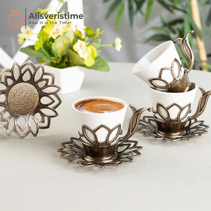 Alisveristime (Set of 6 Turkish Coffee Set with Porcelain Cups, Zamac Holders & Saucers – 80ml Capacity, Ottoman Motif, 4 Color Options (Antique Green)