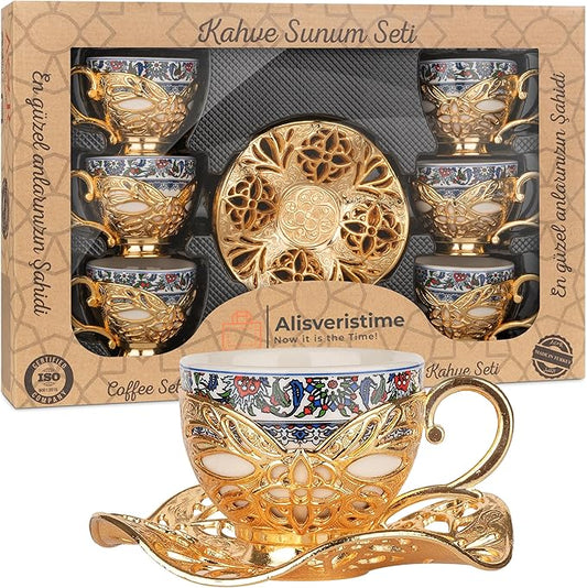 Alisveristime Turkish Coffee Set for Six, 6 Topkapi Design Porcelain Cups with Zamac Holders and Saucers, Two Color Variations: Gold and Silver (Topkapi-Design) (Gold)