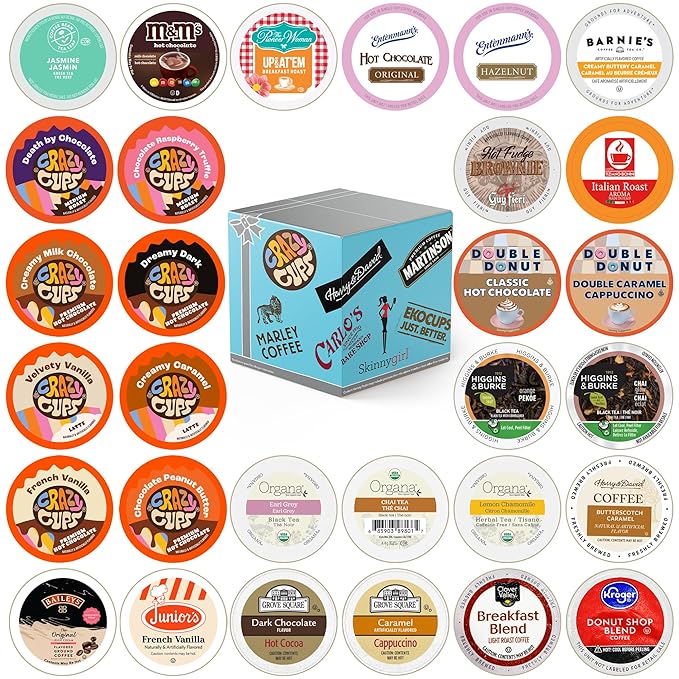 Variety Pack of Coffee, Tea, Hot Chocolate and Cappuccino, Sampler of Single Serve Coffee, Tea, Hot Cocoa and Cappuccino Pods for Keurig K Cups Machines, 30 Pack - No Duplicates
