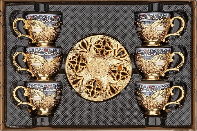 Alisveristime Turkish Coffee Set for Six, 6 Topkapi Design Porcelain Cups with Zamac Holders and Saucers, Two Color Variations: Gold and Silver (Topkapi-Design) (Gold)