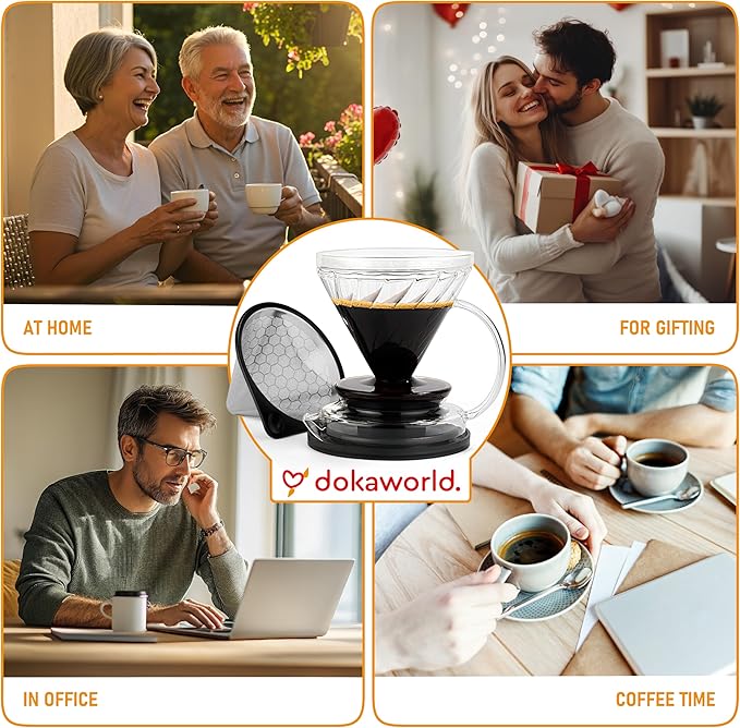 Pour Over Coffee Maker – Borosilicate Glass Dripper with Stainless Steel Reusable Filter, Manual Eco Brewer, Plastic-Free Non-Toxic Coffee Station, Innovation Infuser for Daily Brewing