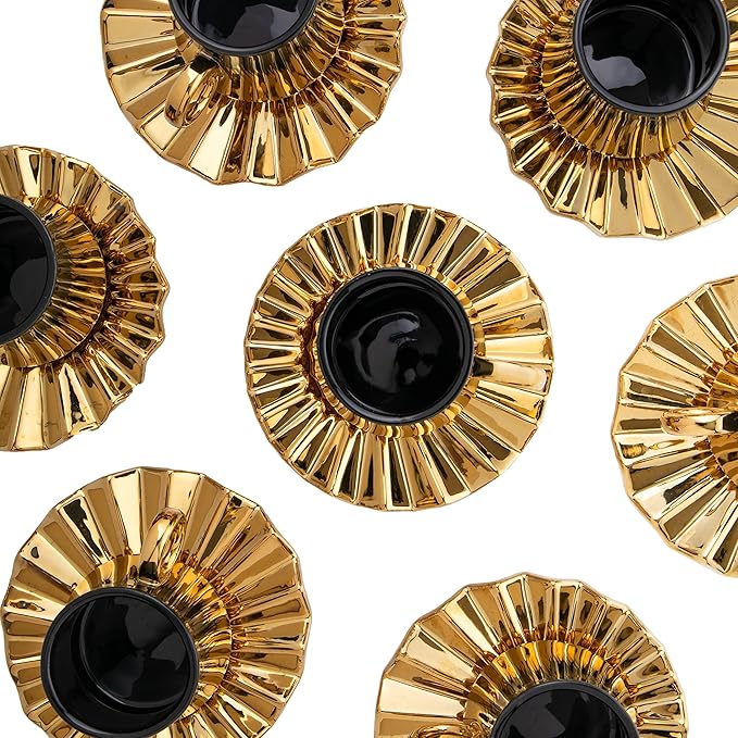 Turkish Coffee Cup Set of 6 with Saucers & Tray - Luxury Arabic Greek Japanese Marble Ceramic Tea Cups for Espresso Cappuccino Latte Mocha, Ideal Gift - 3.5oz, Black Gold