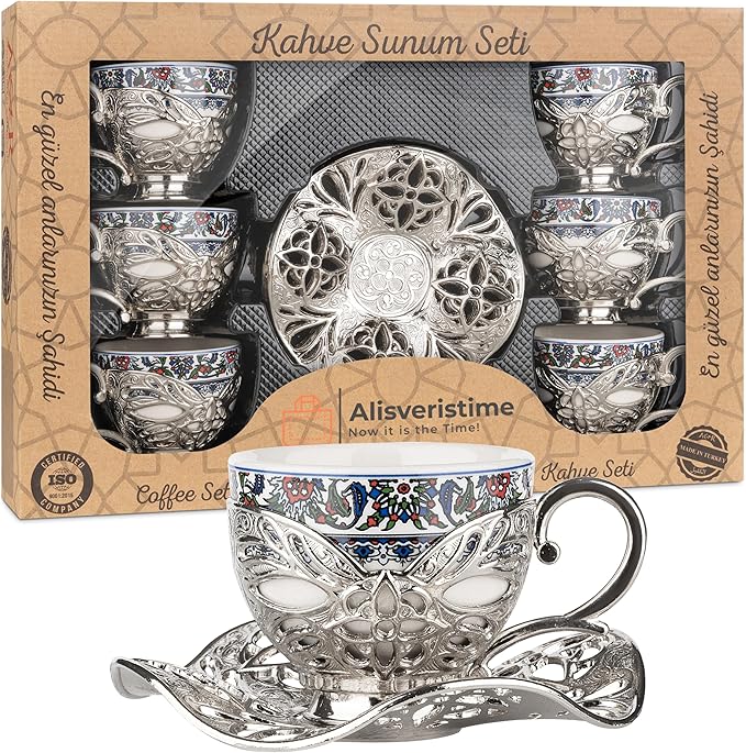 Alisveristime Turkish Coffee Set for Six, 6 Topkapi Design Porcelain Cups with Zamac Holders and Saucers, Two Color Variations: Gold and Silver (Topkapi-Design) (Silver)
