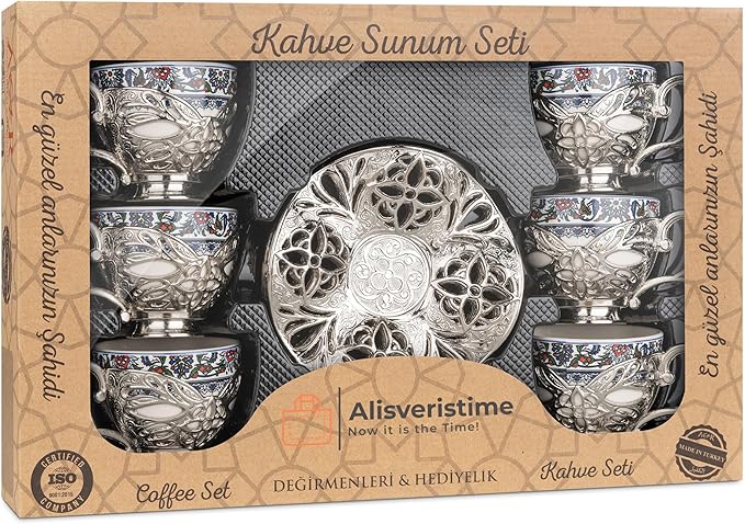 Alisveristime Turkish Coffee Set for Six, 6 Topkapi Design Porcelain Cups with Zamac Holders and Saucers, Two Color Variations: Gold and Silver (Topkapi-Design) (Silver)
