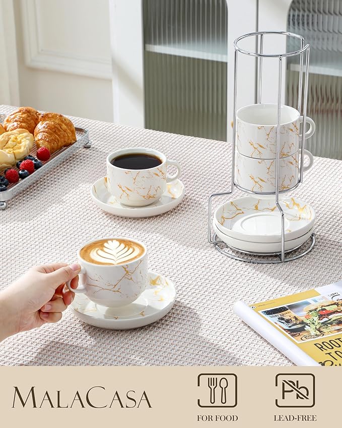 MALACASA 8 OZ Porcelain Espresso Cups with Saucers and Metal Stand Set of 4, Stackable Cappuccino Cups, Marble White Expresso Shots Cup Set for Coffee Drinks, Latte, Tea