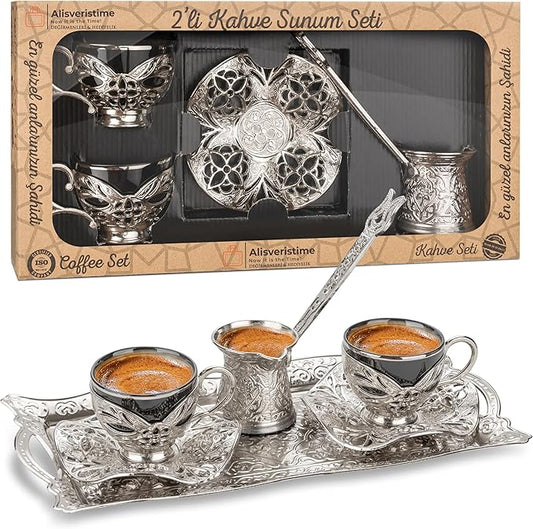 Alisveristime Turkish Coffee Set for Two, 2 Black Gilded Porcelain Cups with Zamac Holders and Saucers, Metal Tray, Lale Motif Zamac Coffee Pot (Black Gilded) (Silver)