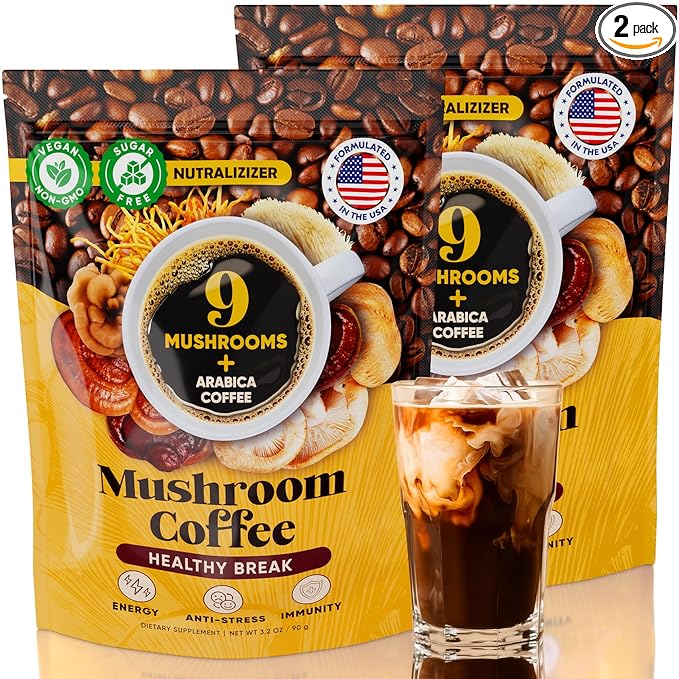 Mushroom Coffee – 10 in 1 Instant Coffee Organic Arabica - Cafe de Hongos w/Lion’s Mane, Turkey Tail, Chaga – Focus, Gut Health, Weight & Immune Support – Low Caffeine, Sugar-Free, Gluten Free 90g