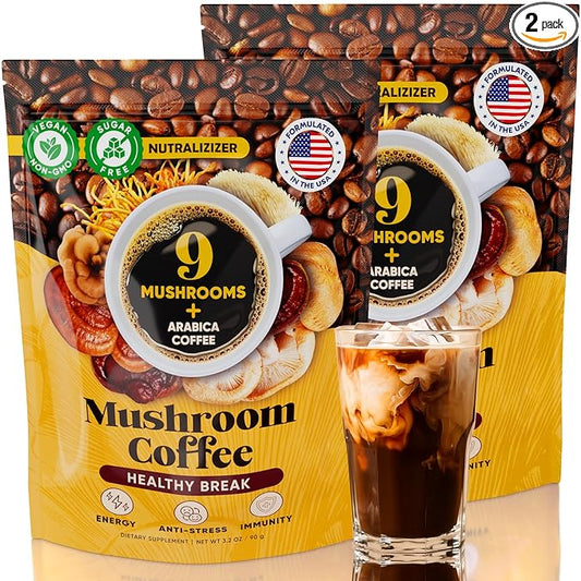 Mushroom Coffee – 10 in 1 Instant Coffee Organic Arabica - Cafe de Hongos w/Lion’s Mane, Turkey Tail, Chaga – Focus, Gut Health, Weight & Immune Support – Low Caffeine, Sugar-Free, Gluten Free 90g